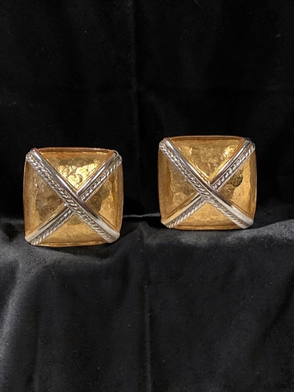 Vintage Givenchy Gold Tone Square Clip Earrings Textured Cross 80s Designer Bold